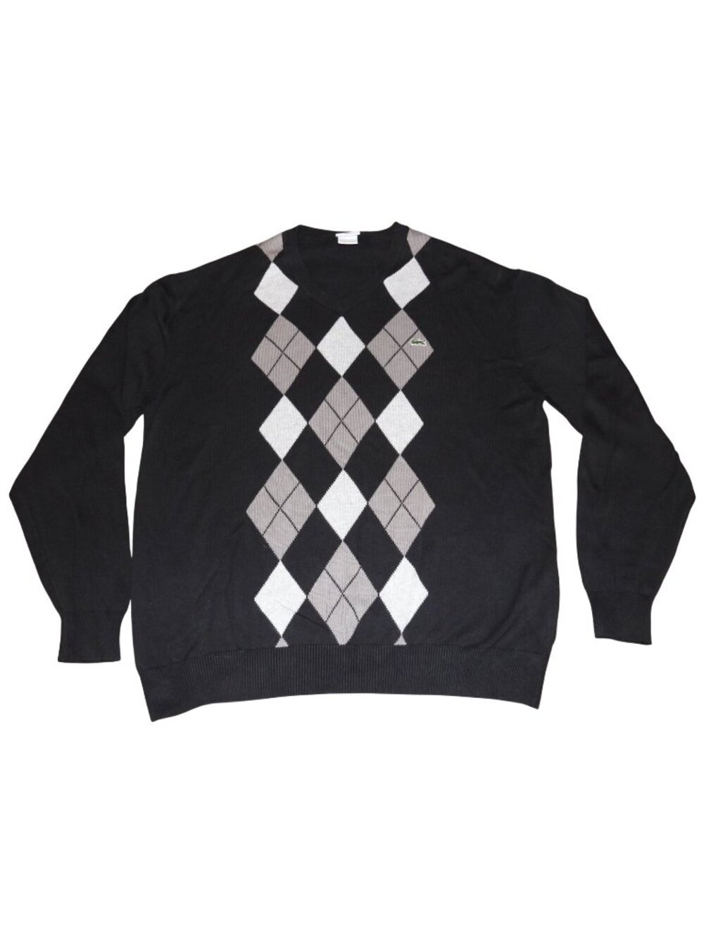 Lacoste Argyle Long Sleeve V-Neck Black Gray White Pullover Sweater Mens 7 XL